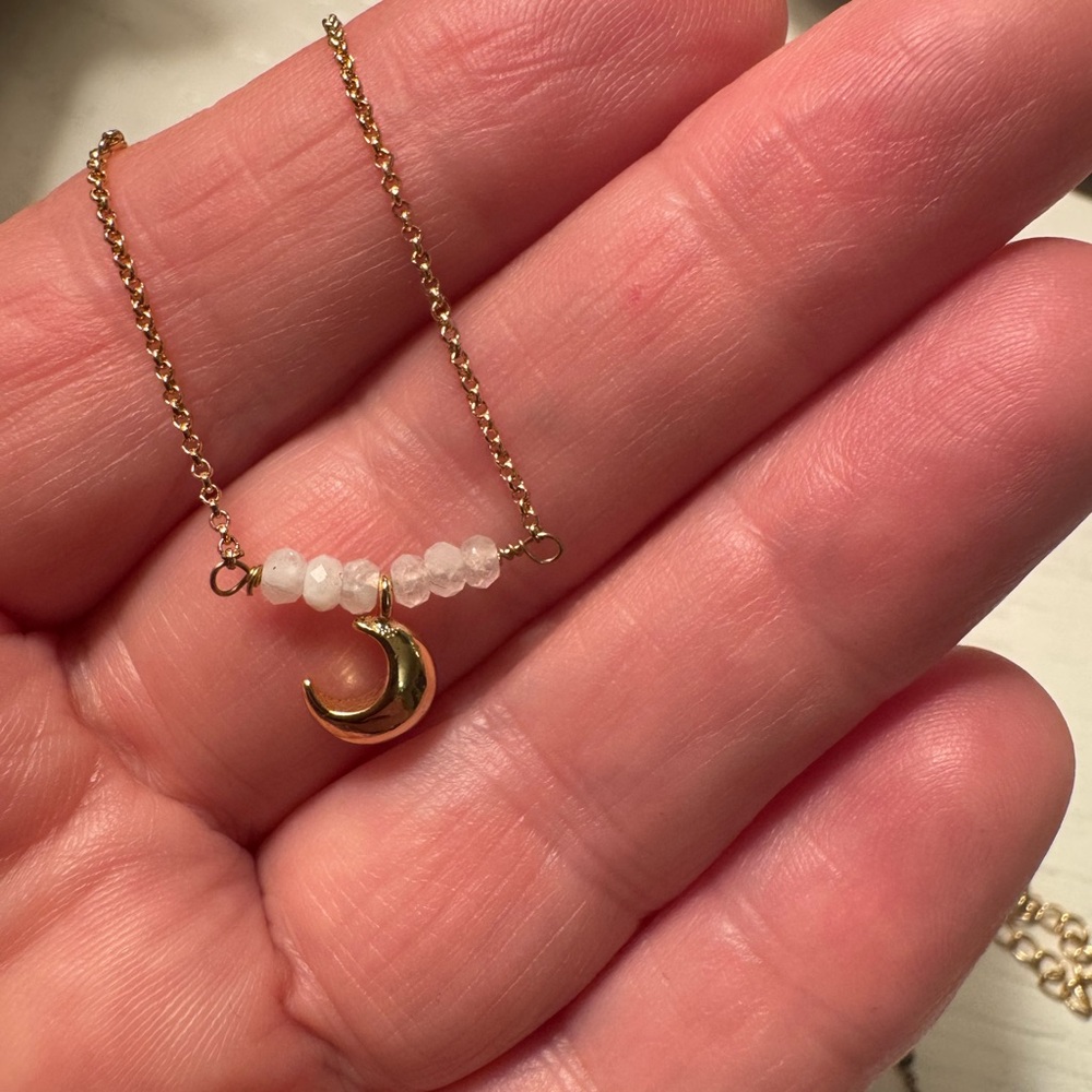 Gold Crescent Moon Necklace with white Beads